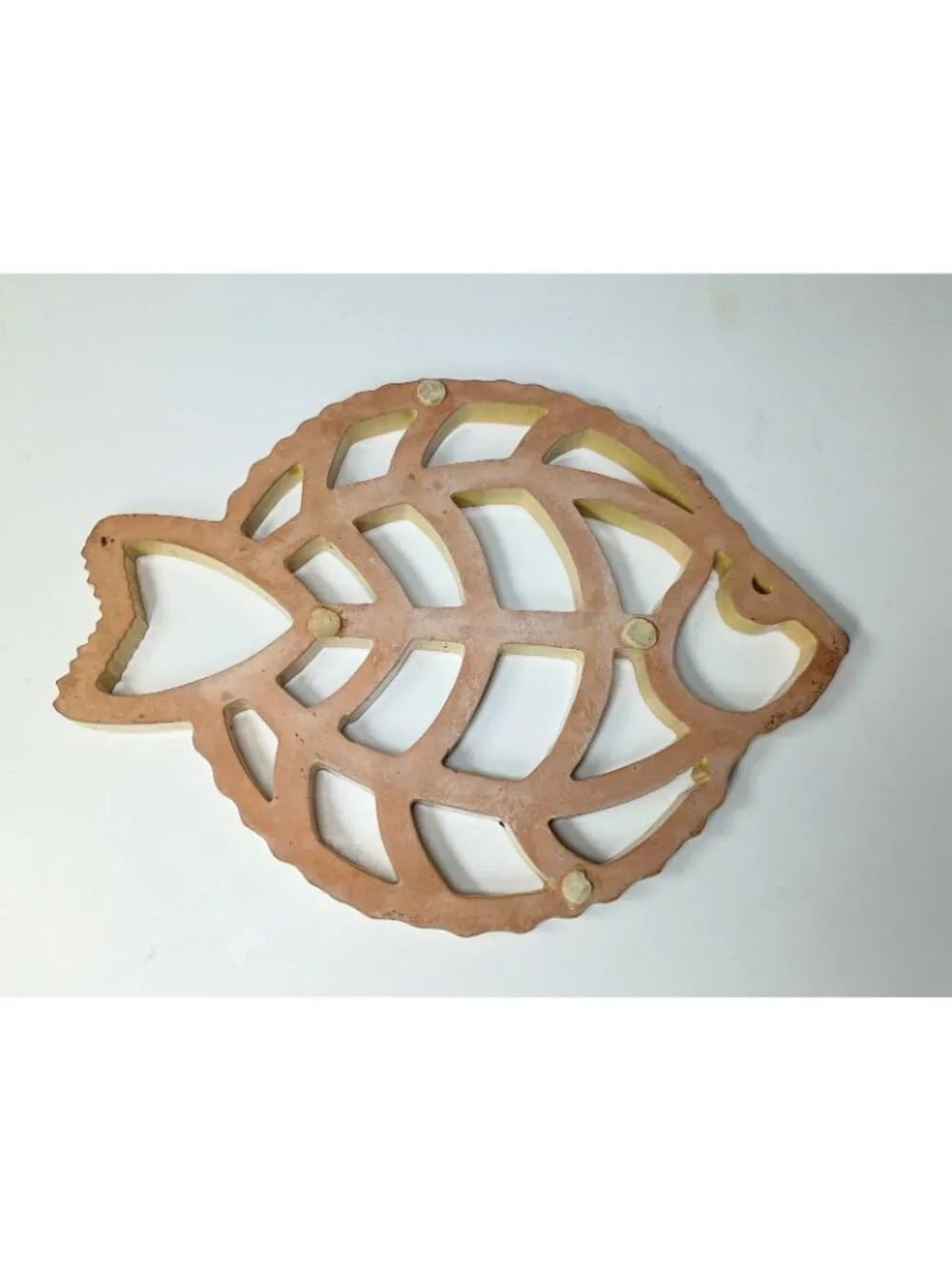 Handmade Terracotta Clay Art Pottery Openwork Fish Trivet Decor Yellow Coastal